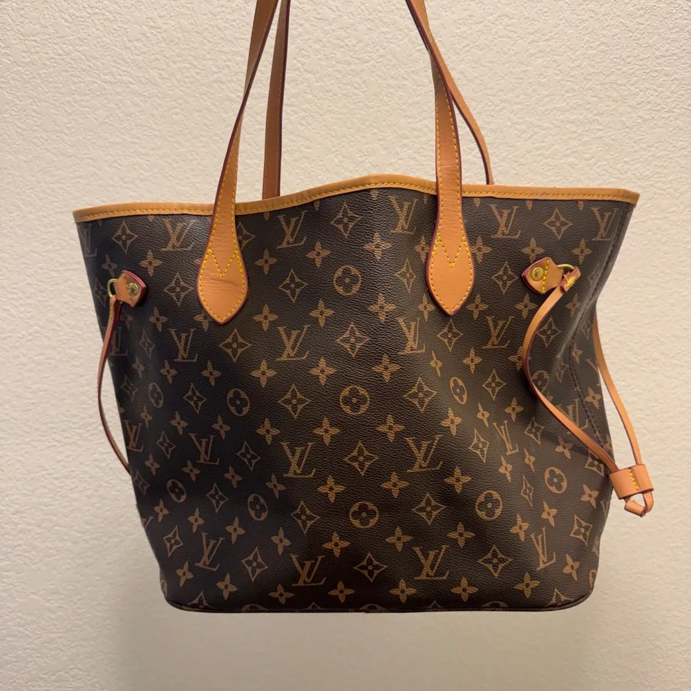 Monogram Tote Bag Brown Coated Canvas Red Striped Interior Gold Hardware